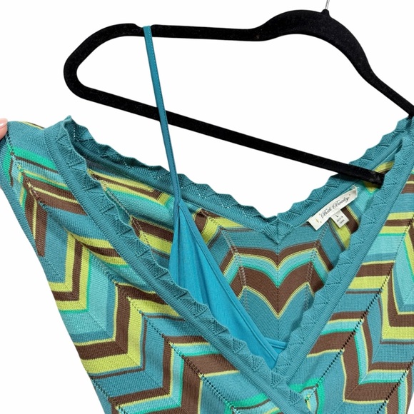 Beth Bowley Aqua Brown Chevron Knit Dress L – Retro Boho Cotton Midi - Picture 2 of 9